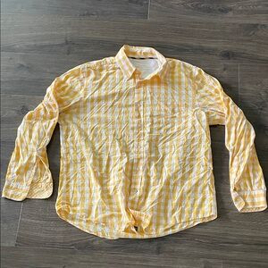 Men’s Yellow & White Gingham Button Down Shirt, Size Large